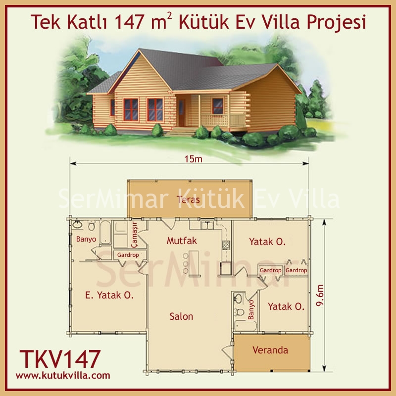 Tek Katlı 147 m2 Kütük Ev Villa Projesi