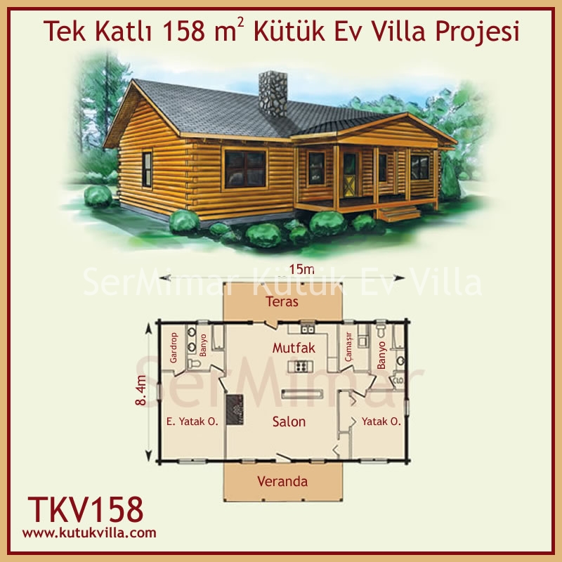 Tek Katlı 158 m2 Kütük Ev Villa Projesi Ahşap Villa