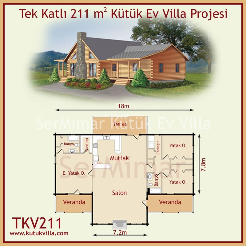 Tek Katlı 211 m2 Kütük Ev Villa Projesi