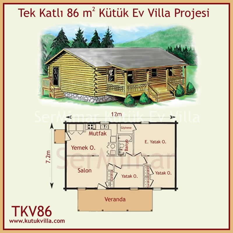 Tek Katlı 86 m2 Kütük Ev Villa Projesi